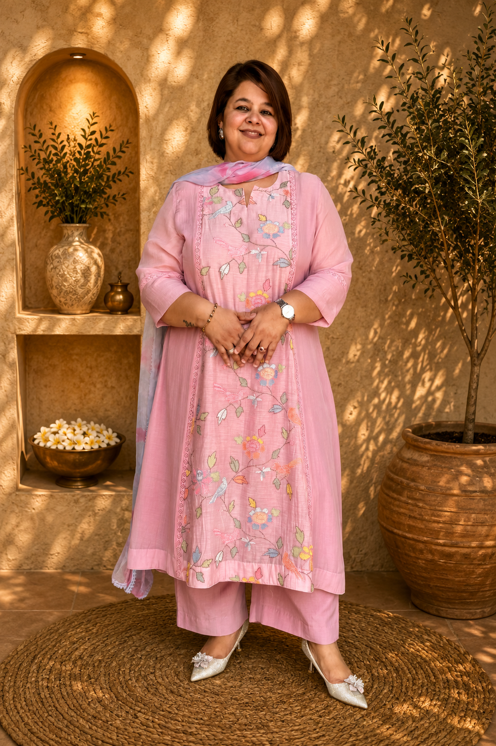 Mal Chanderi, Embroidered Kurta Set