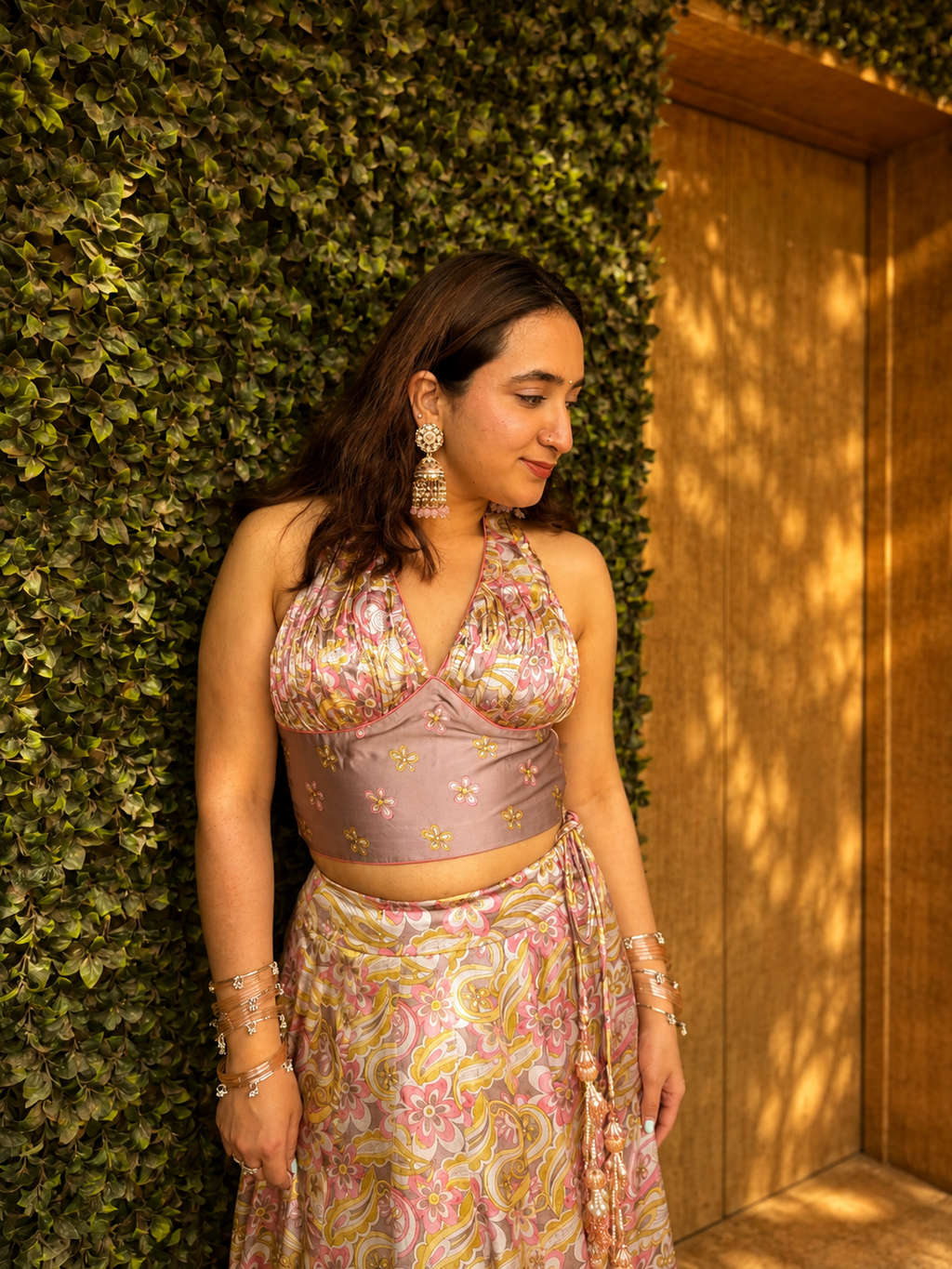 Satin Floral Digital Print Halter-Neck Lehenga Set
