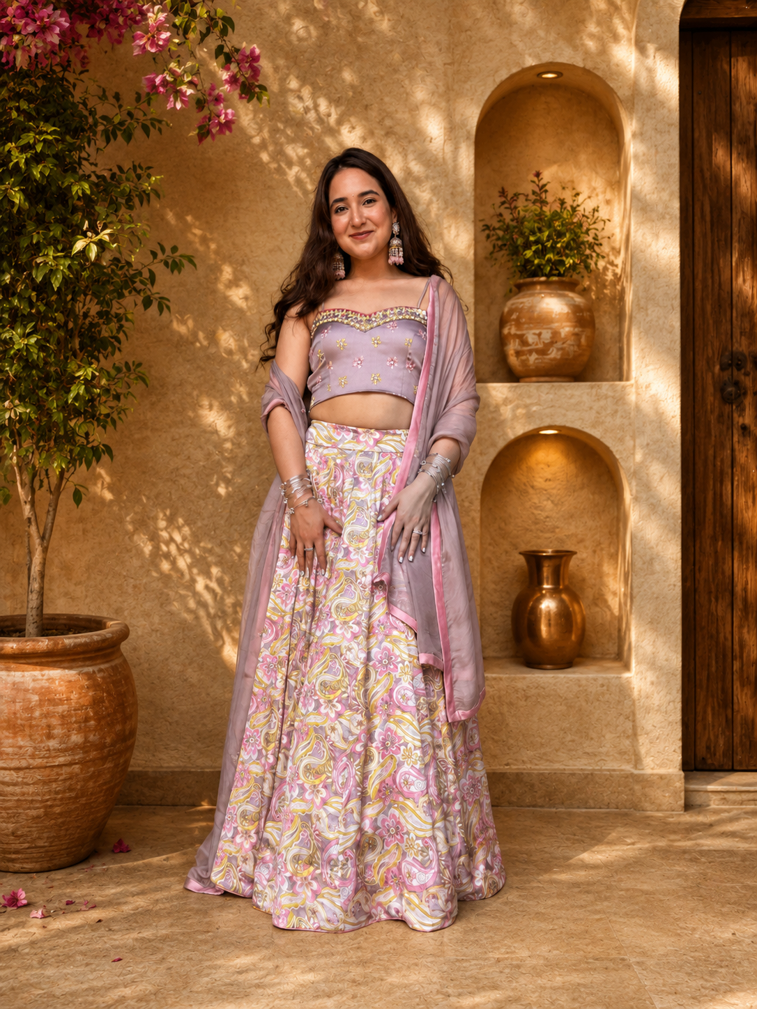 Satin Digital Print Lehenga Set
