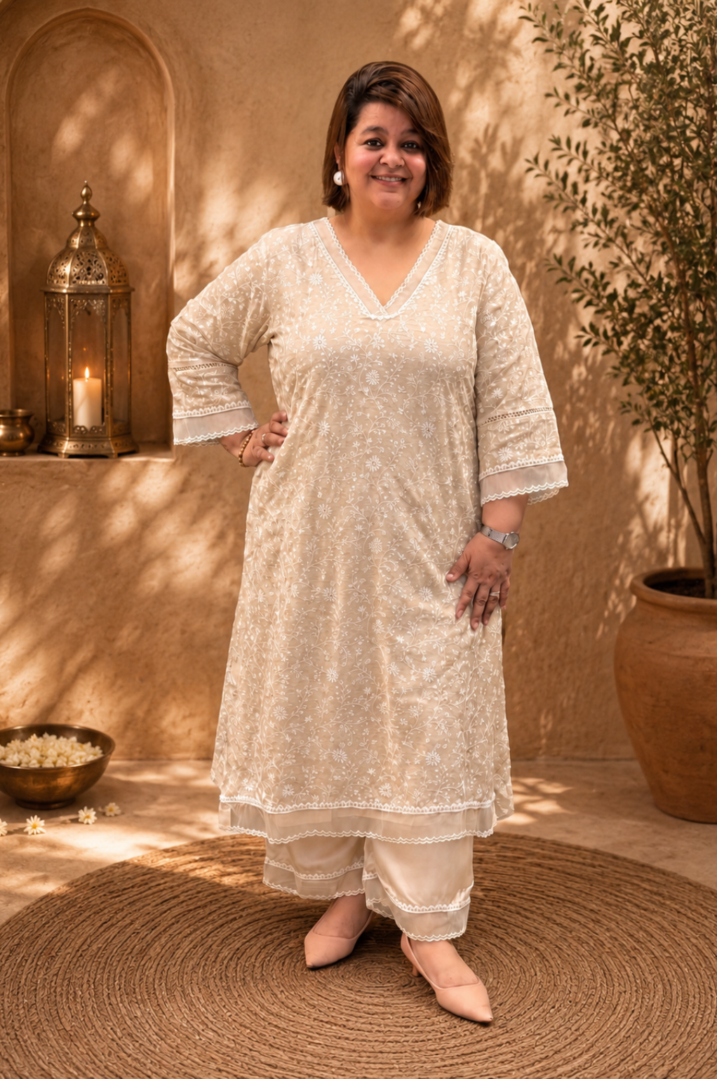 Linen Silk Embroidered Kurta & Bottom Set
