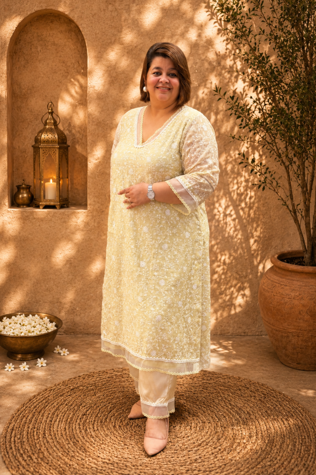 Linen Silk Embroidered Kurta & Bottom Set