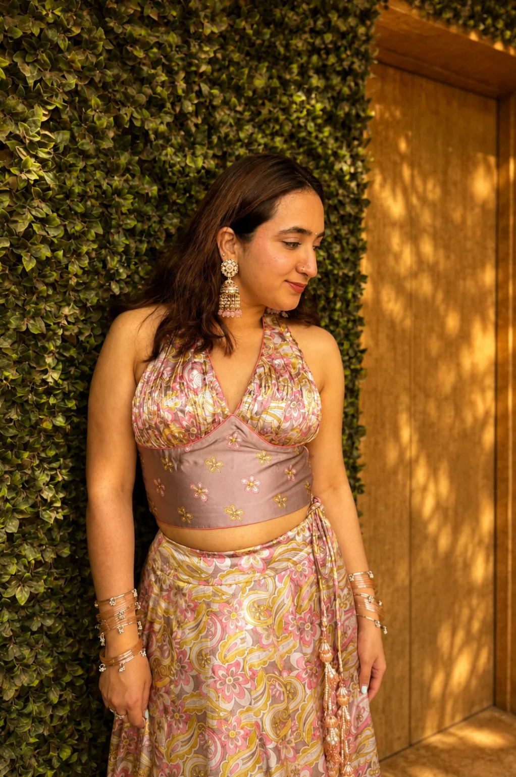 Satin Floral Digital Print Halter-Neck Lehenga Set